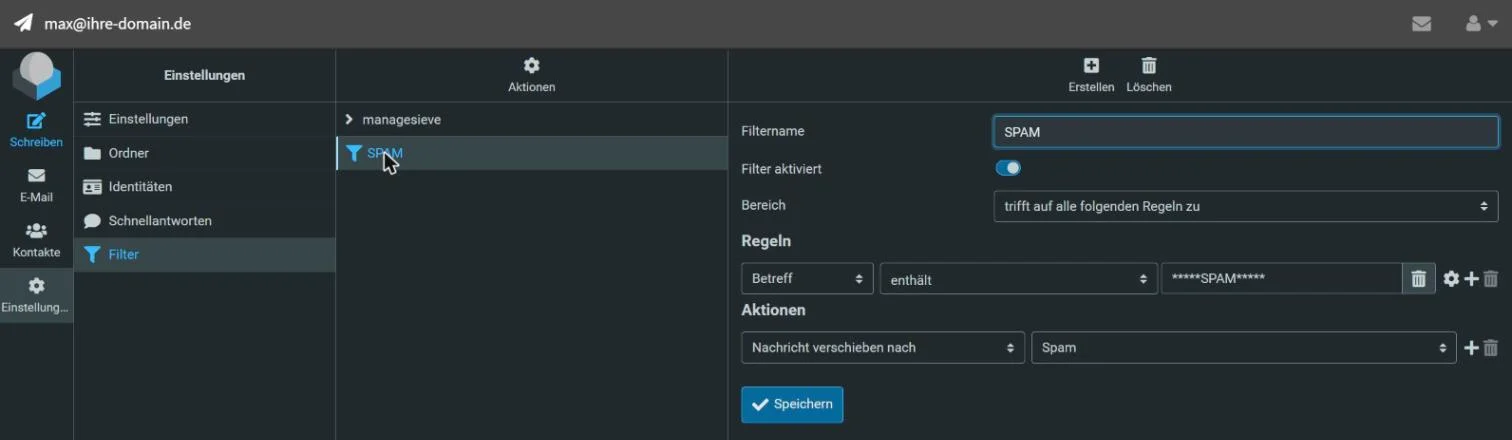 Webmail-Einstellungen, Bereich Filter: Filter SPAM mit der Regel Betreff enthält *****SPAM***** und der Aktion Nachricht verschieben nach Spam