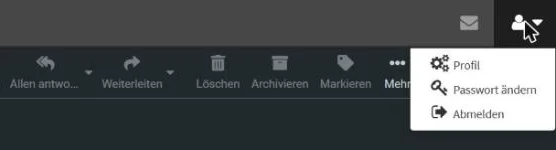 Webmail: Menü oben rechts mit den Einträgen Profil, Passwort ändern und Abmelden