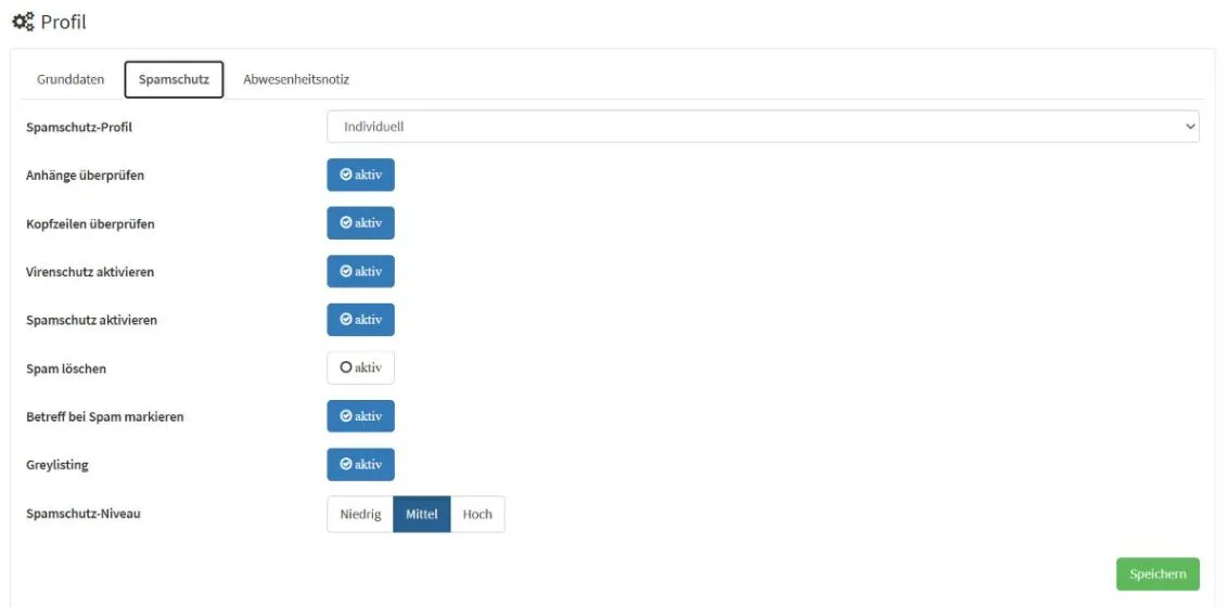 Reiter Spamschutz mit der empfohlenen Einstellung: alle Prüfungen aktiv, Spam löschen aus, Spamschutz-Niveau Mittel